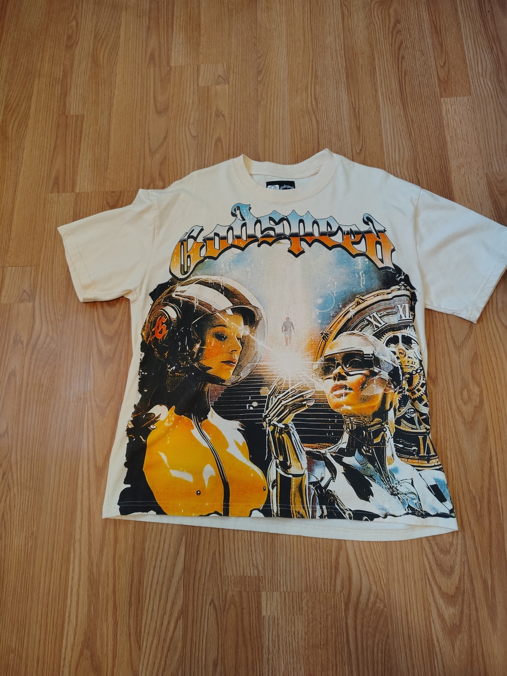 Cream Graphic Short Sleeve Tee with Futuristic Yellow & Blue Artwork